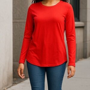 Eileen Fisher Long Sleeve Top Red Womens Small Rounded Bottom